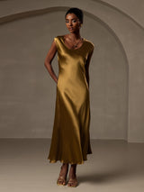 [Brun] SilkSilky-NO Cap Sleeve Scoop Neck Kjole 004
