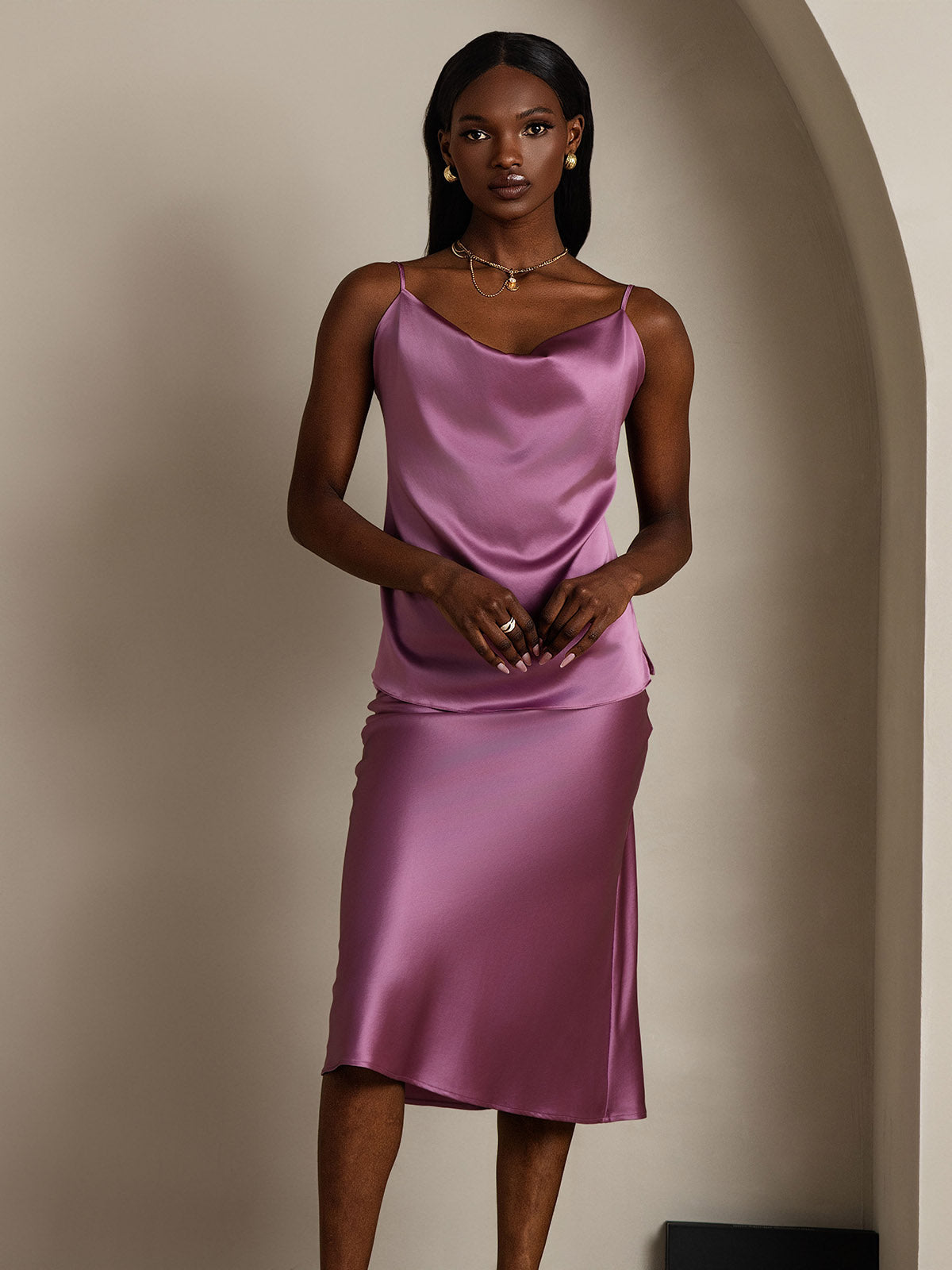 [Mørklilla] SilkSilky-NO 19Momme Silke Cowl Neck Camisole Topp 004