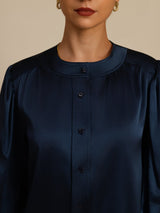 [Mørke blå] SilkSilky-NO 19Momme Long Sleeve Round Neck Bluse 006