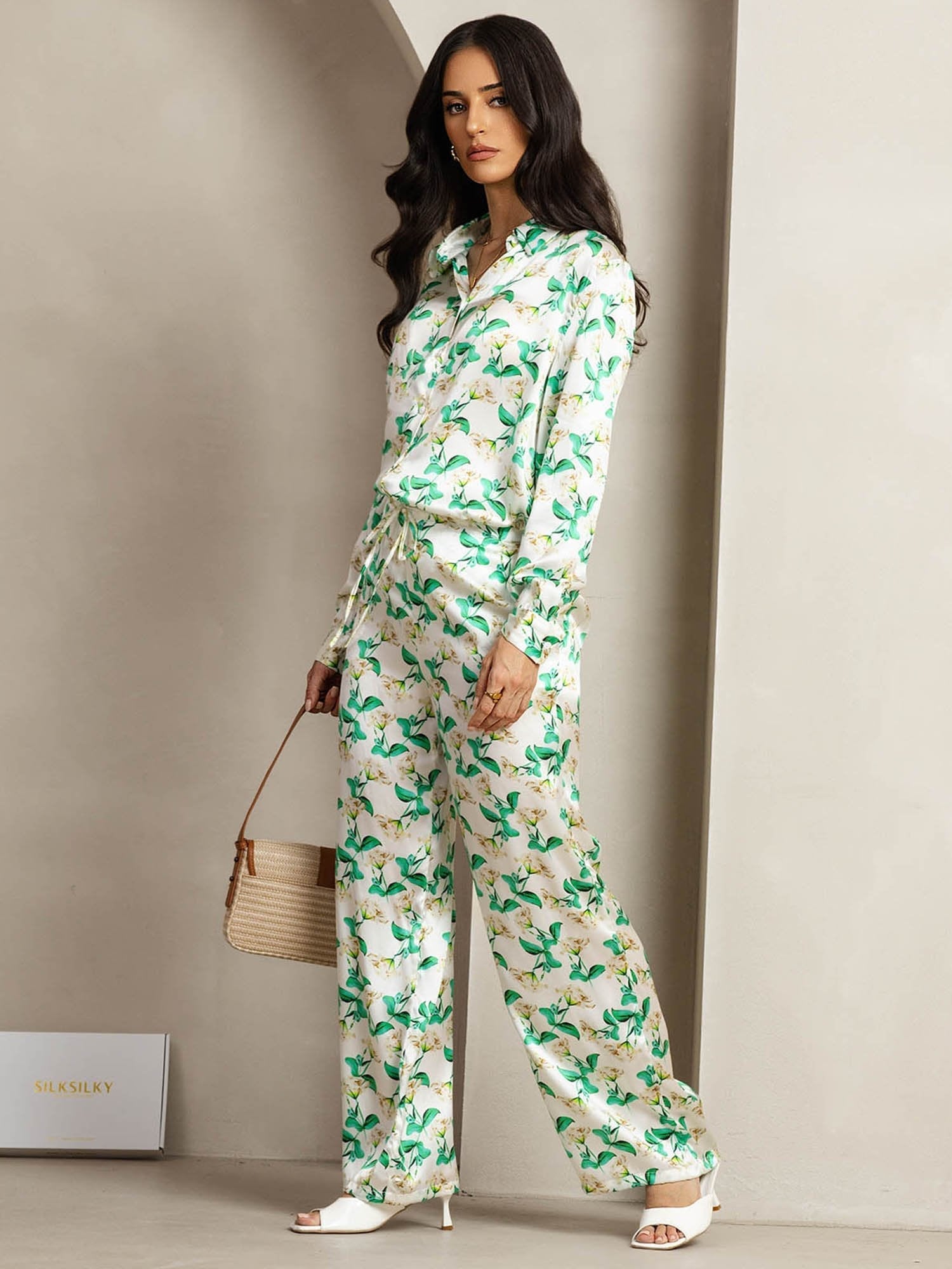 [Grønn Blomster] SilkSilky-NO 19Momme Silke Womens Outfit Sets 003
