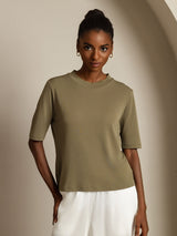 [Brent Oliven] SilkSilky-NO Halv erme Crew Neck T-skjorte for Kvinner 001
