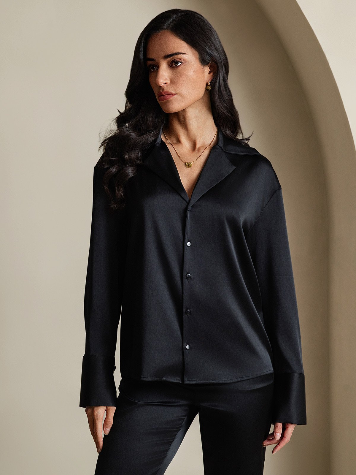 [Svart] SilkSilky-NO 19Momme Silke Notch Collar Skjorte for Kvinner 004