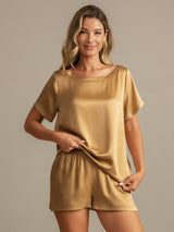 [Tan] SilkSilky-NO 19Momme Kort erm Rund Hals Pyjamas for Kvinner 003