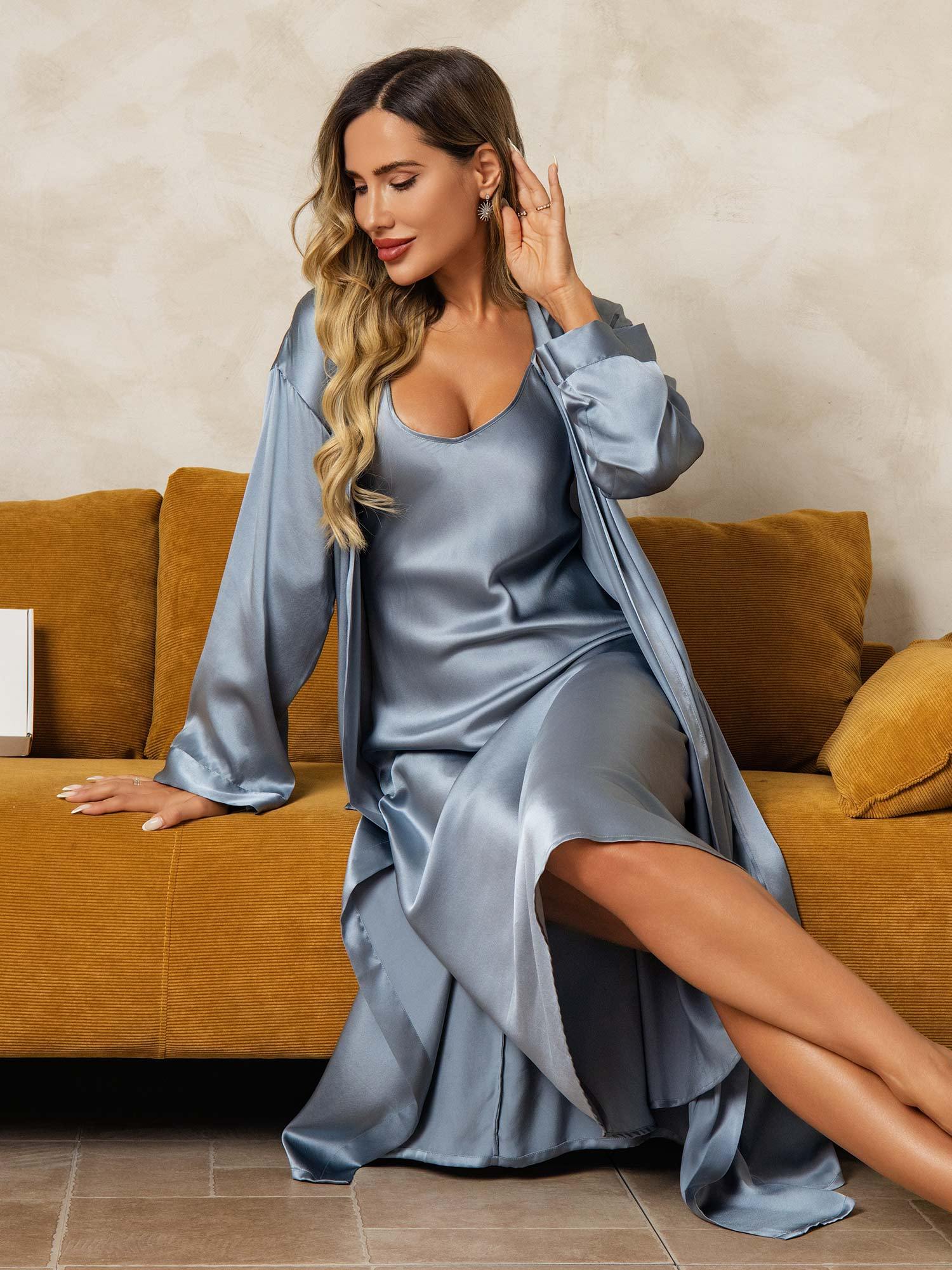 [Gråblå] SilkSilky-NO Silke Nightgown&Robe Set 009