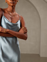 [Gråblå] SilkSilky-NO Spaghetti Strap Cowl Neck Kjole 006