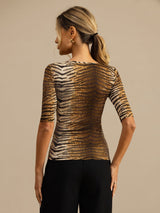 [Tiger] SilkSilky-NO Halv erme Dyp Rund Halsutringning T-skjorte for Kvinner 002