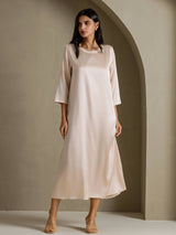 [Beige] SilkSilky-NO 3/4 Sleeve Round Neck Kjole 006