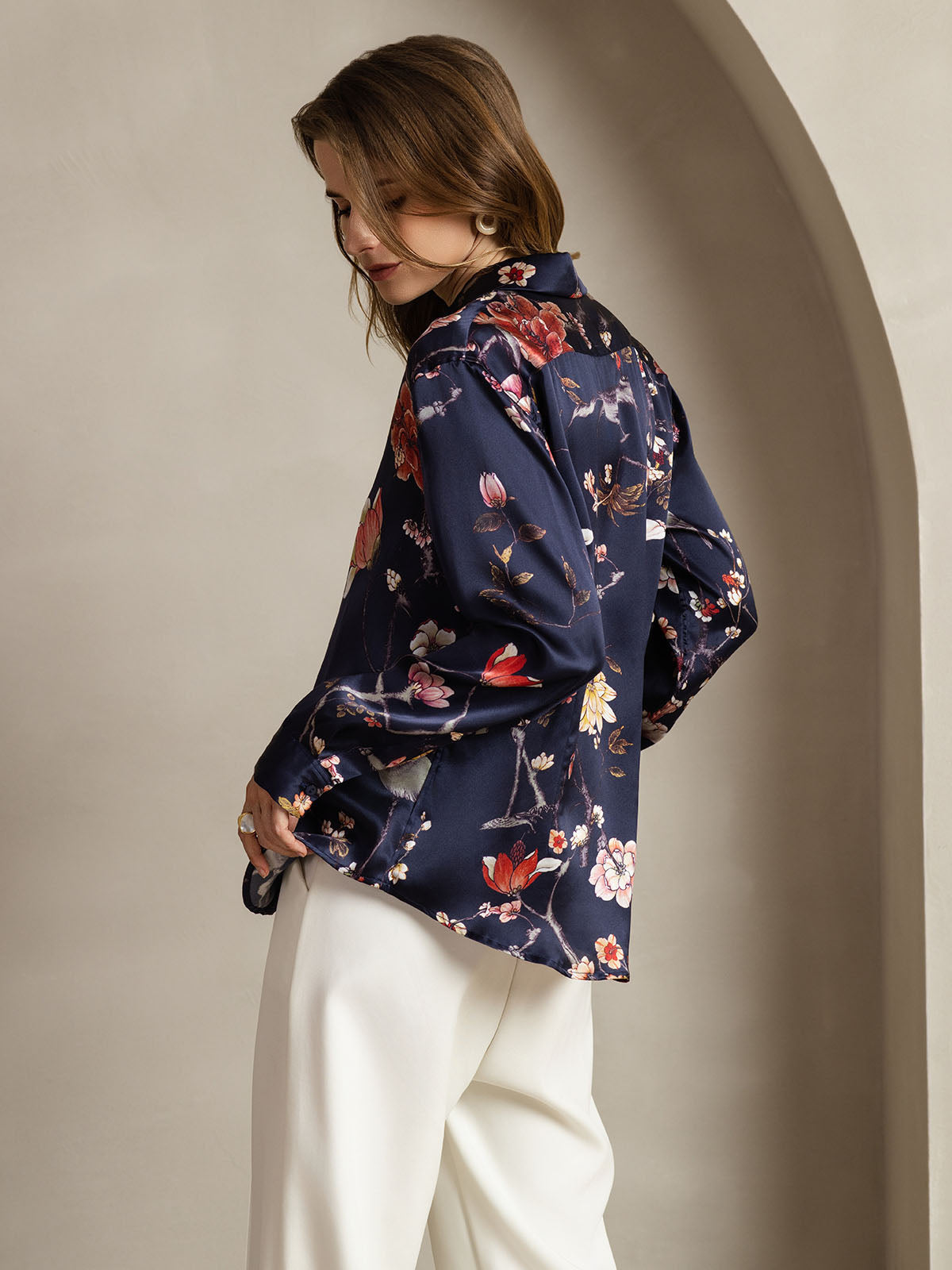 [Marine Blomster] SilkSilky-NO Long Sleeve Lapel Collar Skjorte for Kvinner 002