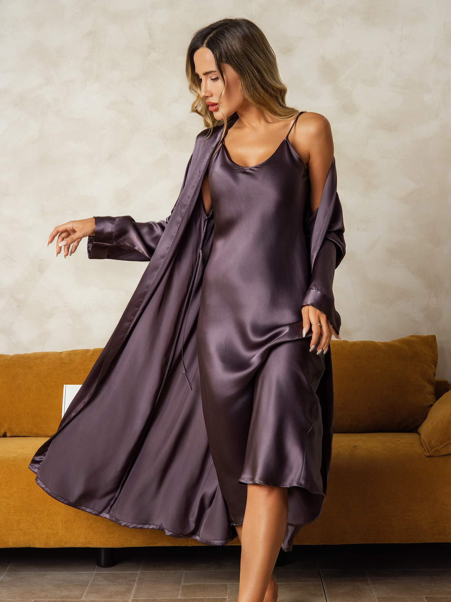 [Lilla Grå] SilkSilky-NO Silke Nightgown&Robe Set 001