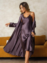 [Lilla Grå] SilkSilky-NO Long Sleeve V Neck Nattkjole og Morgenkåpesett 001