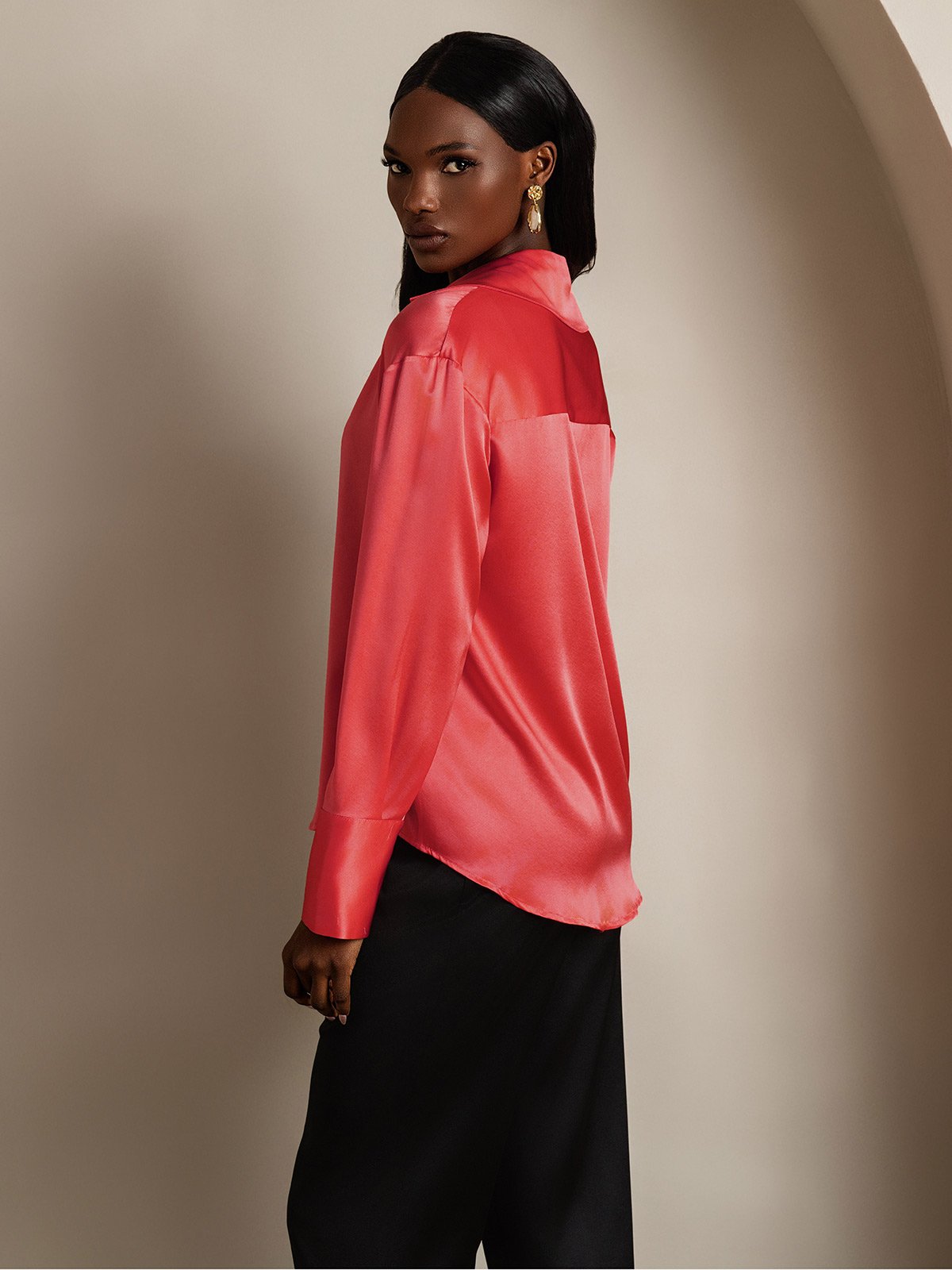 SilkSilky-NO 19Momme Silke Lapel Skjorte for Kvinner KeiserligRød 004