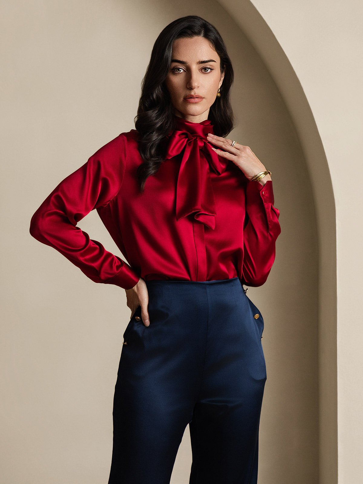 [Vin] SilkSilky-NO 19Momme Silke Long Sleeve Tie Neck Skjorte for Kvinner 004