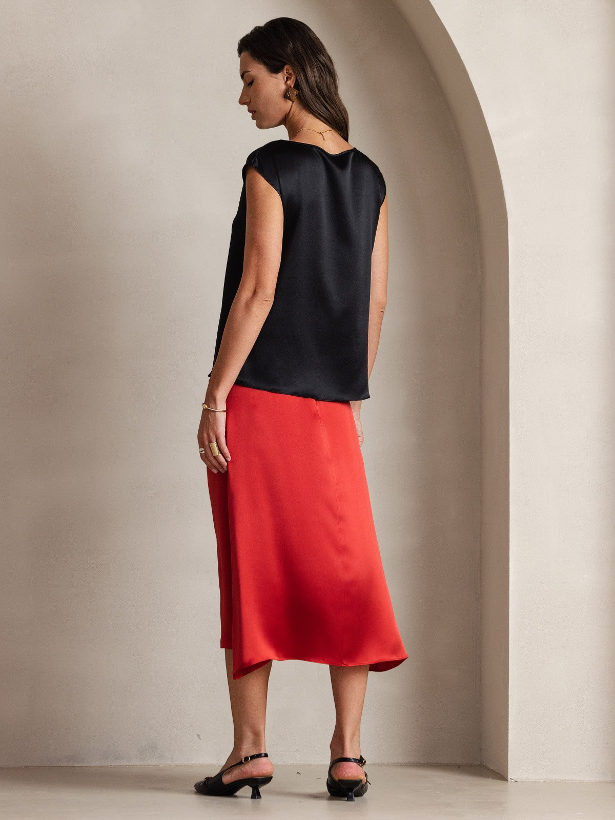 [Svart] SilkSilky-NO 19Momme Kappeermer Rund Hals T-skjorte for Kvinner 002
