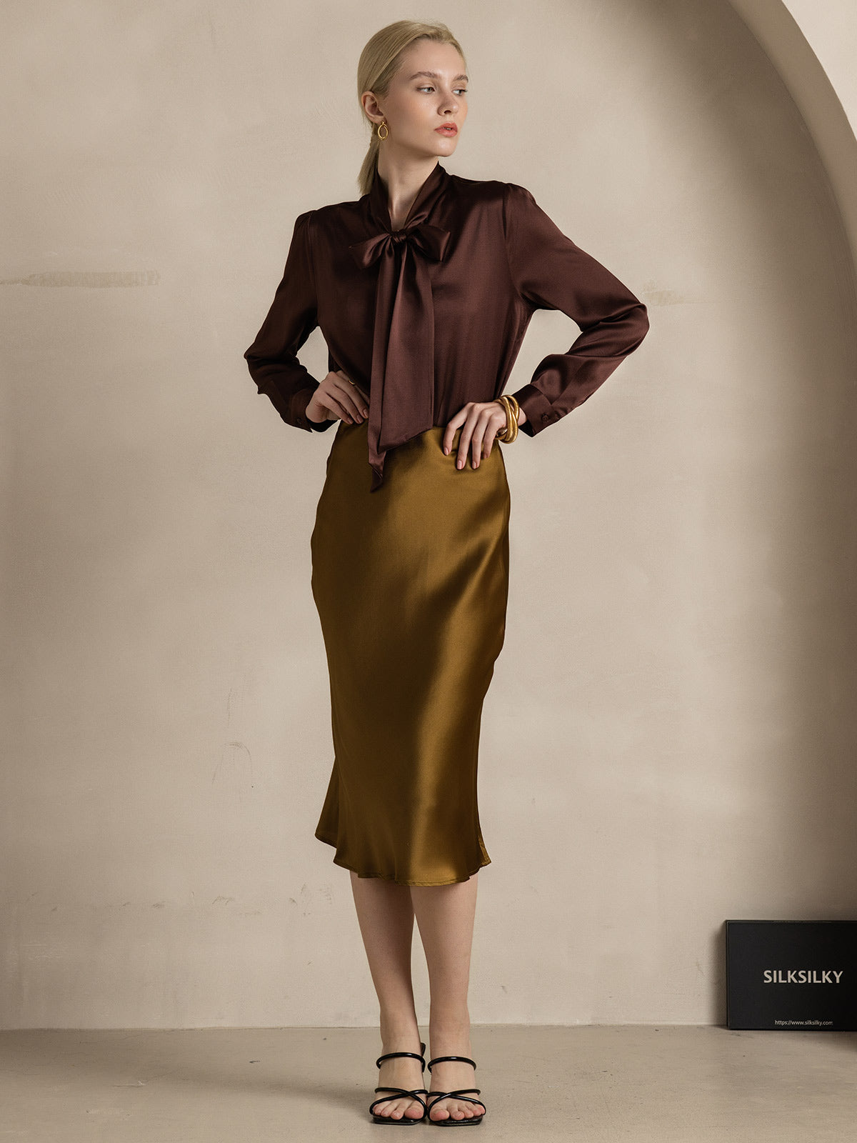 [Kaffe] SilkSilky-NO 19Momme Silke Long Sleeve Tie Neck Skjorte for Kvinner 007