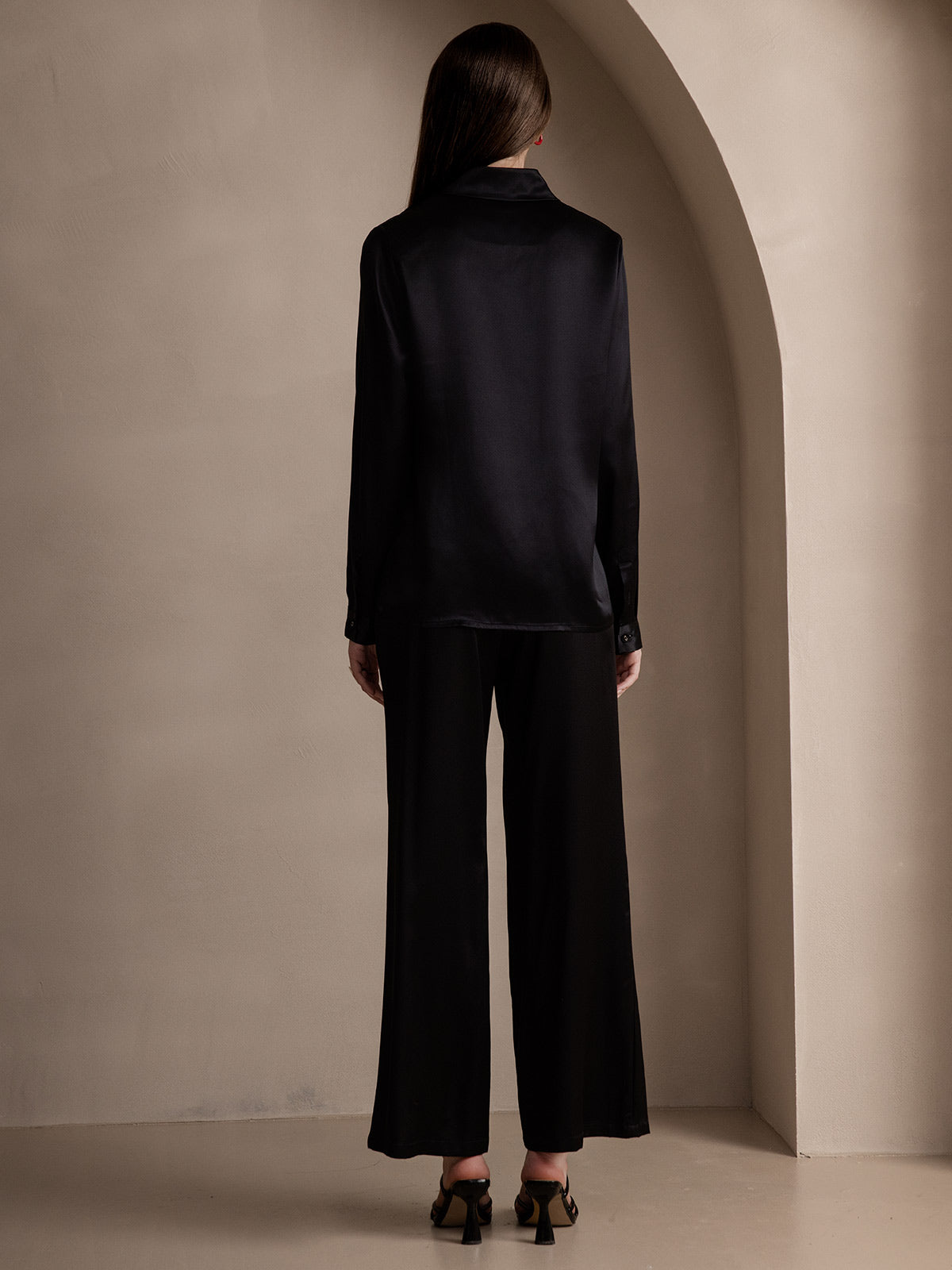 [Svart] SilkSilky-NO 19Momme Silke Lapel Collar Skjorte for Kvinner 002