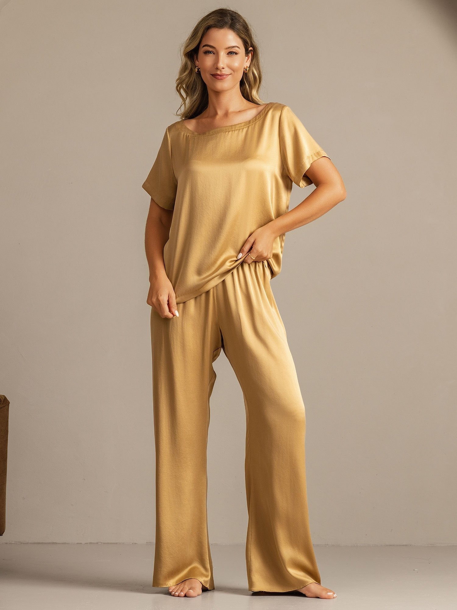 [Tan] SilkSilky-NO 19Momme Silke Womens Pajamas 005
