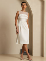 [Hvit] SilkSilky-NO 19Momme Sleeveless Illusion Neck Kjole 001