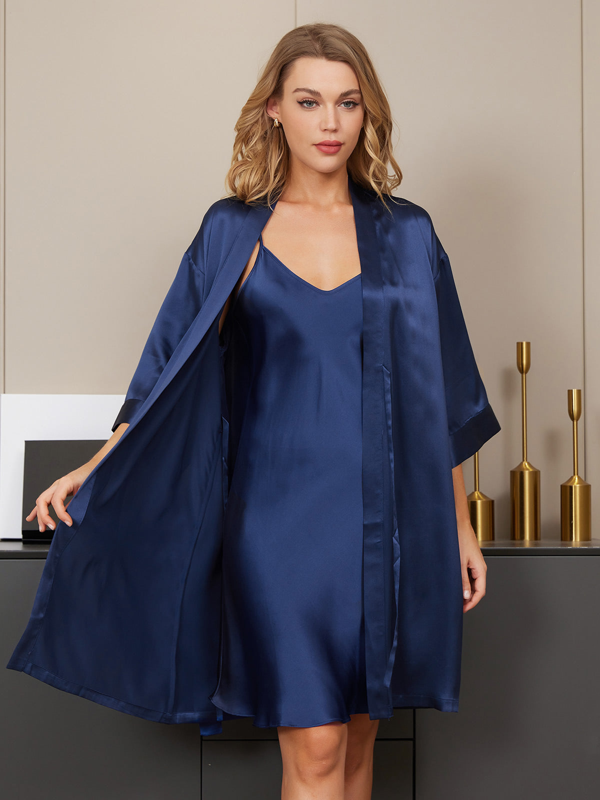 [Mørke blå] SilkSilky-NO Silke Nightgown&Robe Set 005