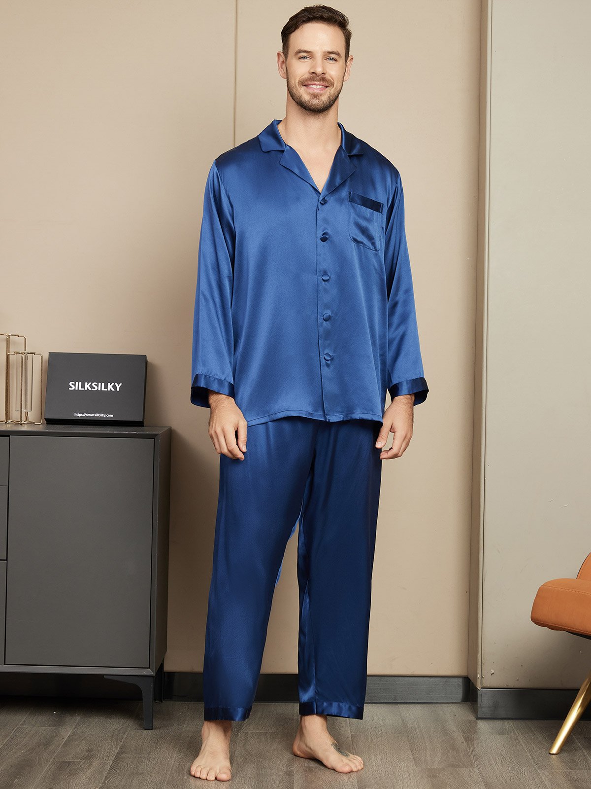 [Mørke blå] SilkSilky-NO Mens Pajamas 001