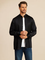 [Svart] SilkSilky-NO Long Sleeve Stand Collar Skjorte for Menn 004