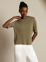 [Brent Oliven] SilkSilky-NO Halv erme Crew Neck T-skjorte for Kvinner 008