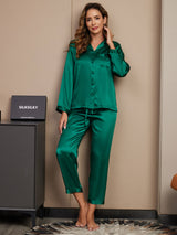 [Grønn] SilkSilky-NO Long Sleeve Lapel Collar Pyjamas for Kvinner 003