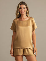 [Tan] SilkSilky-NO 19Momme Kort erm Rund Hals Pyjamas for Kvinner 001