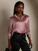 [Blek Mauve] SilkSilky-NO 3/4 Sleeve Lapel Collar Skjorte for Kvinner 001