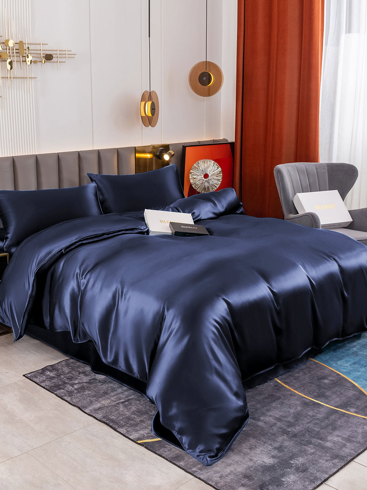 [Mørke blå] SilkSilky-NO 19Momme Bedding Set 003