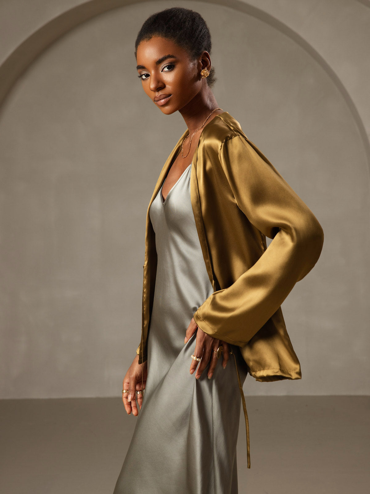 [Grågrønn] SilkSilky-NO Pure Silk Sleeveless Round Neck Kjole 006