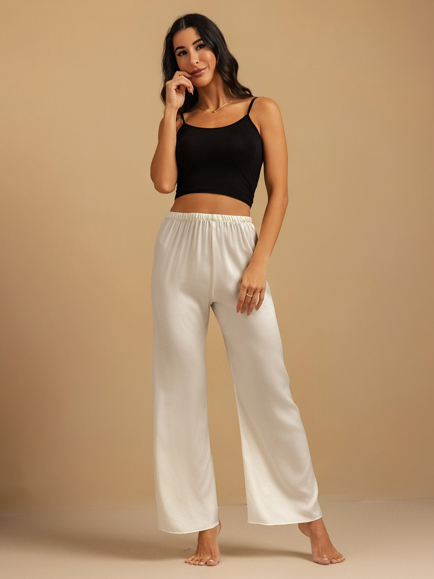 [Hvit] SilkSilky-NO 19Momme Silke Womens Sleep Bottoms 005,