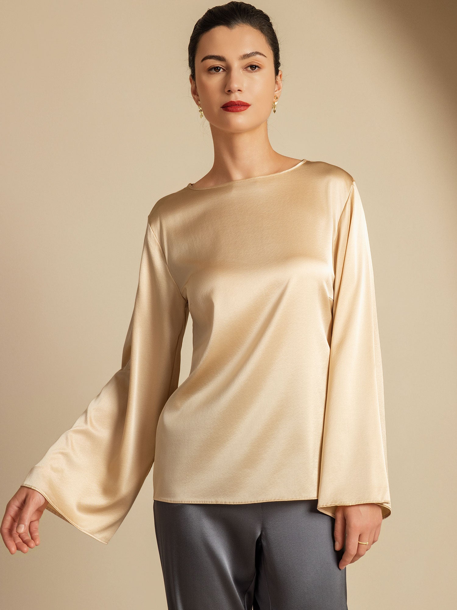 [Champagne] SilkSilky-NO 19Momme Silke Womens T-Shirt 001