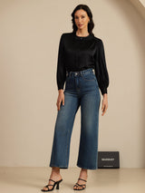 [Svart] SilkSilky-NO 19Momme Long Sleeve Round Neck Bluse 006