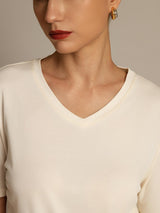 [Beige] SilkSilky-NO Kort erm V Hals T-skjorte for Kvinner 003