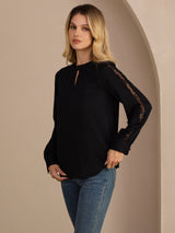 [Svart] SilkSilky-NO Long Sleeve Keyhole Neck Damebluser 004
