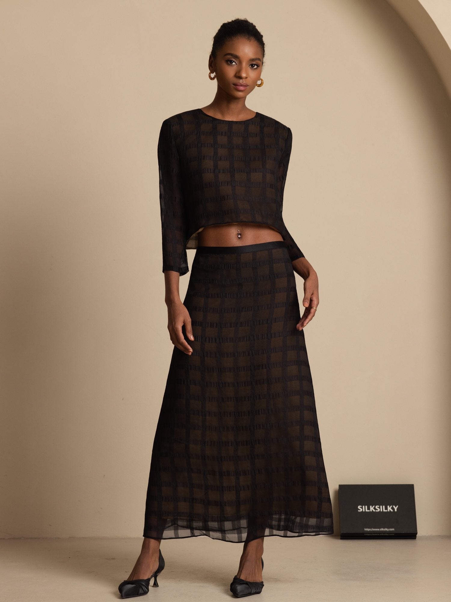 [Svart] SilkSilky-NO Ren Silke Langermet Rund Hals Women''s Outfit Sets 003