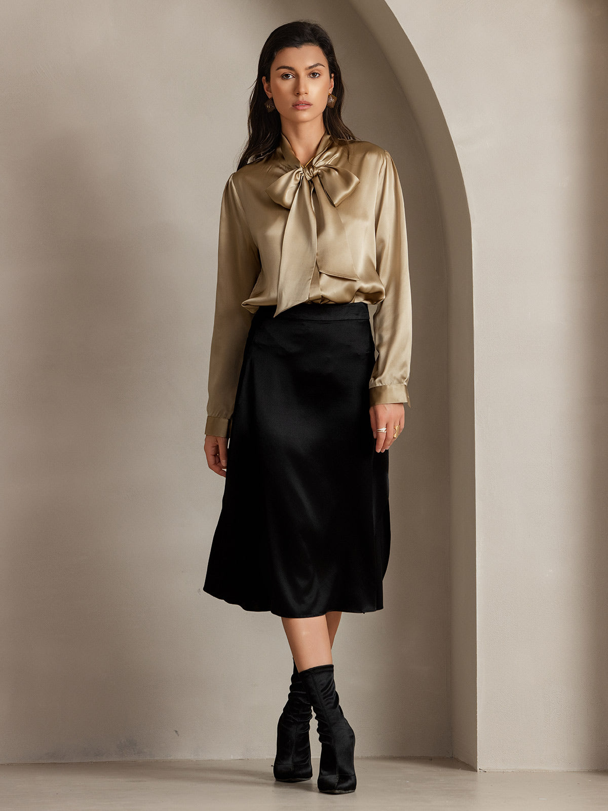 [Champagne] SilkSilky-NO 19Momme Silke Long Sleeve Tie Neck Skjorte for Kvinner 005