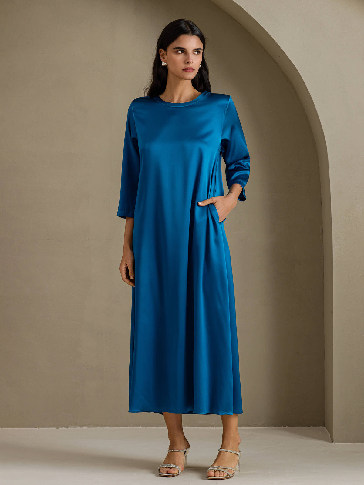 [Blågrønn] SilkSilky-NO 3/4 Sleeve Round Neck Kjole 001