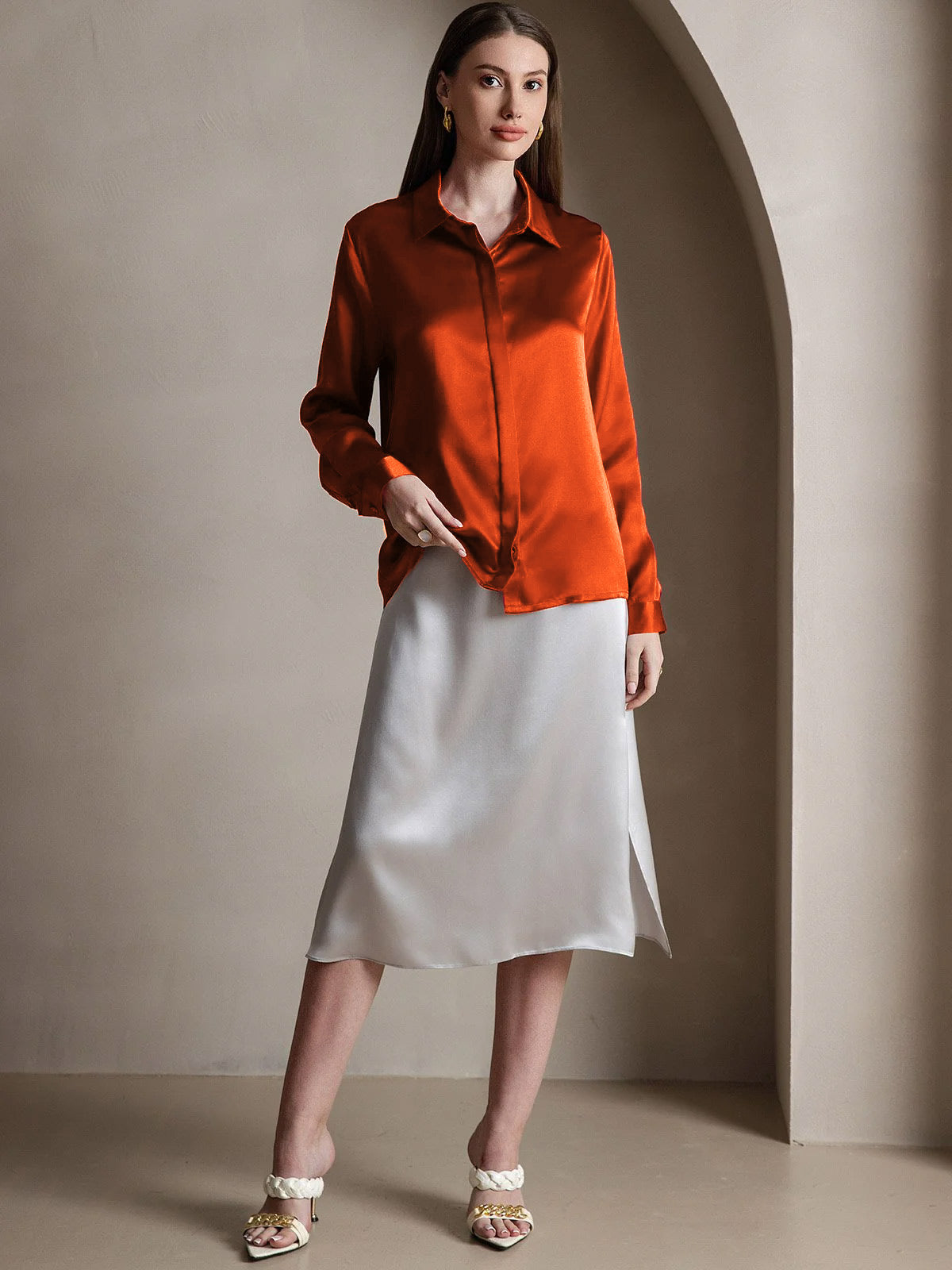 [Karamell] SilkSilky-NO 19Momme Silke Lapel Collar Skjorte for Kvinner 005