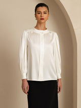 [Hvit] SilkSilky-NO 19Momme Long Sleeve Round Neck Bluse 003