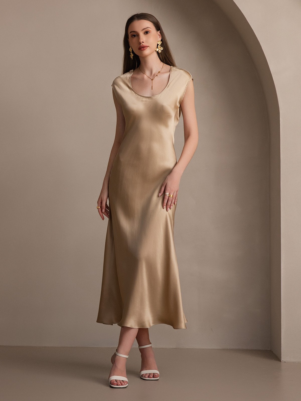 [Champagne] SilkSilky-NO 19Momme Silke Dress 007