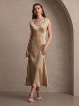 [Champagne] SilkSilky-NO Cap Sleeve Scoop Neck Kjole 007