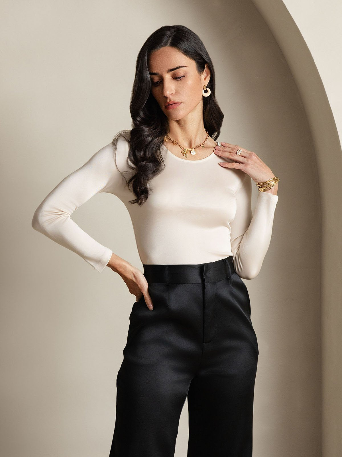 [Beige] SilkSilky-NO Silke Long Sleeve Round Neck T-skjorte for Kvinner 003