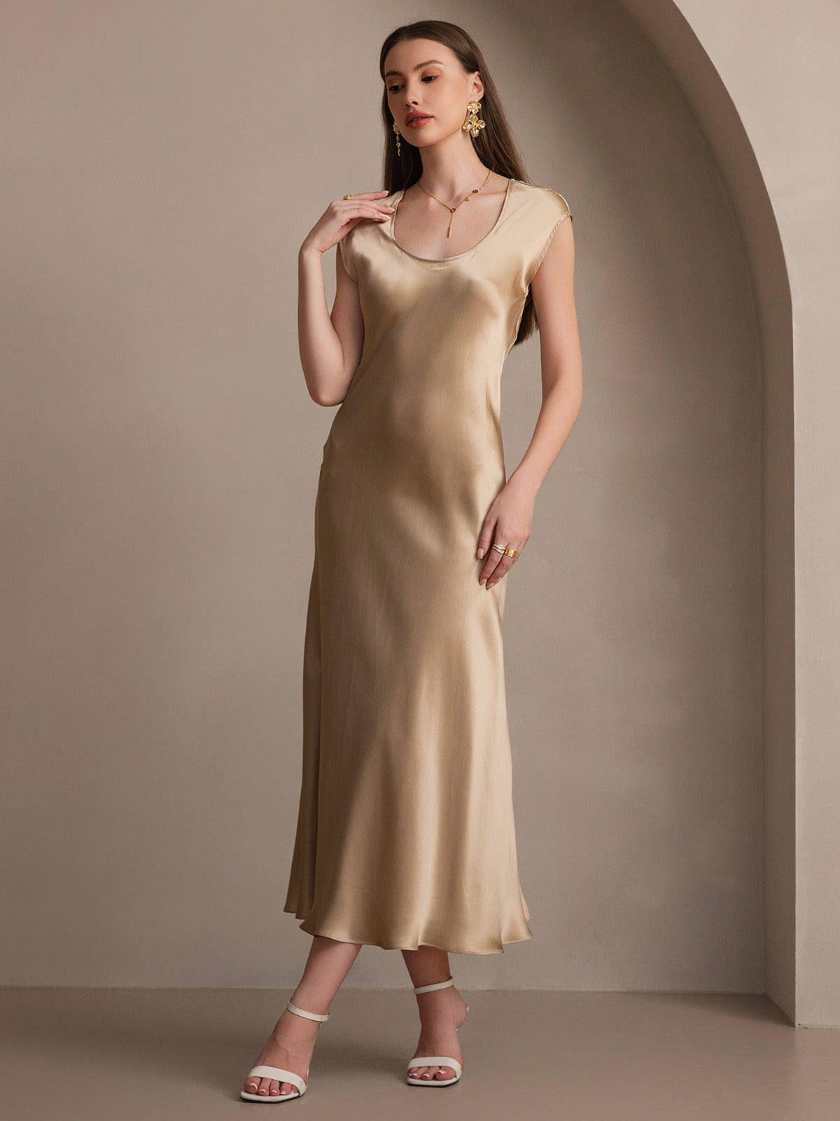 [Champagne] SilkSilky-NO 19Momme Silke Dress 006