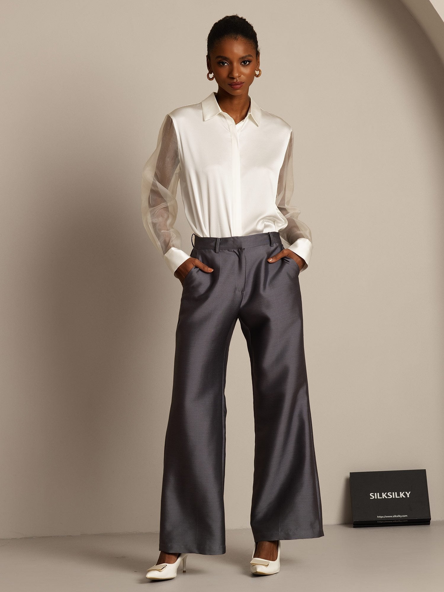 [Grå] SilkSilky-NO 32Momme Silk-Wool Blend Womens Pants 006,