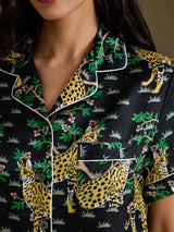 [Svart Serval] SilkSilky-NO Short Sleeve Notch Collar Pyjamas for Kvinner 006