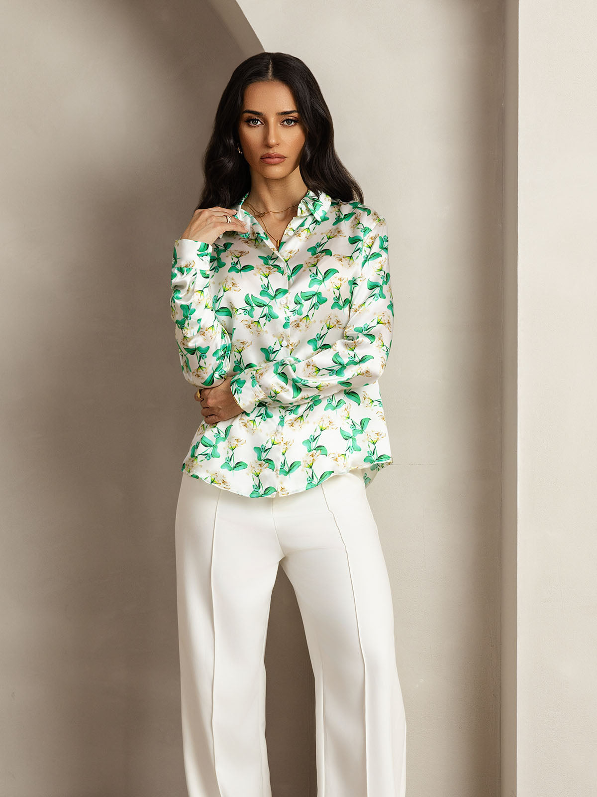 [Grønn Blomster] SilkSilky-NO Silke Lapel Collar Skjorte for Kvinner 006