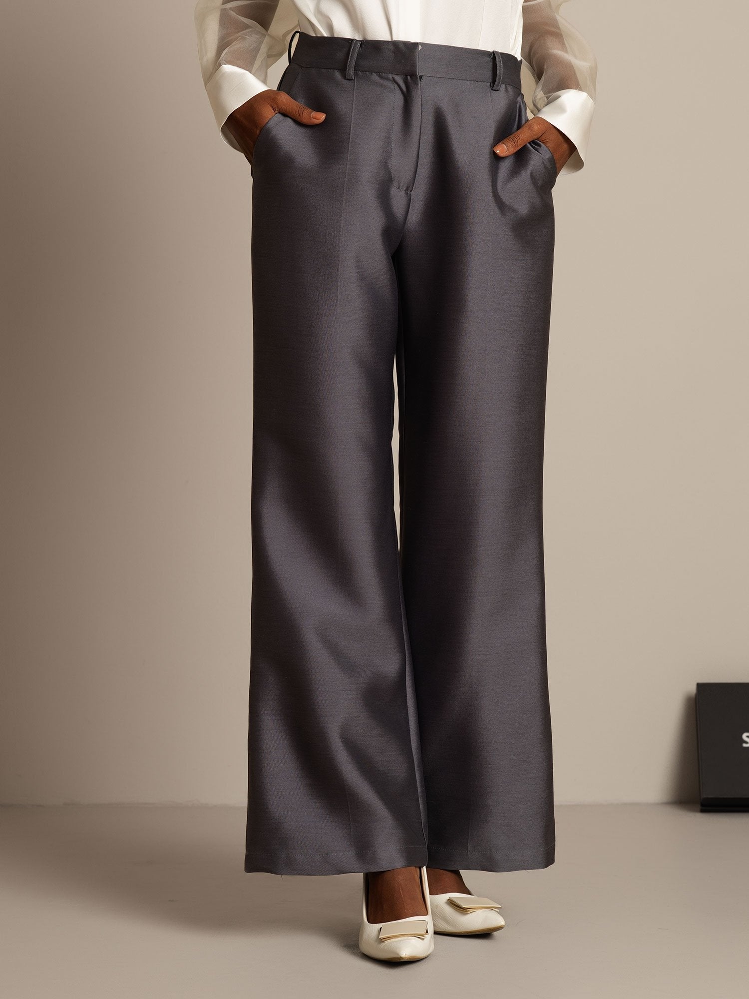 [Grå] SilkSilky-NO 32Momme Silk-Wool Blend Womens Pants 003,