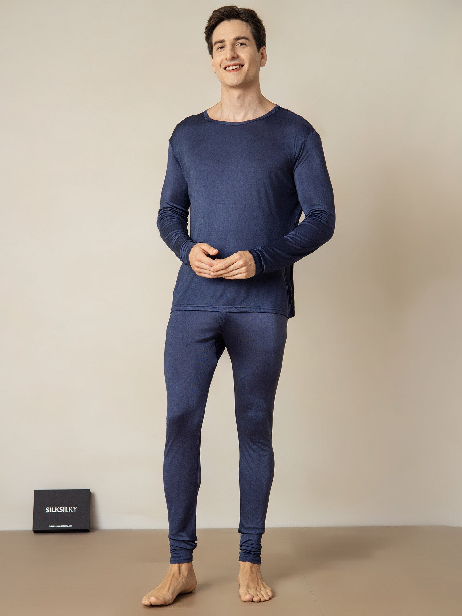 [Mørkeblå] SilkSilky-NO Silke Mens Pajamas 001