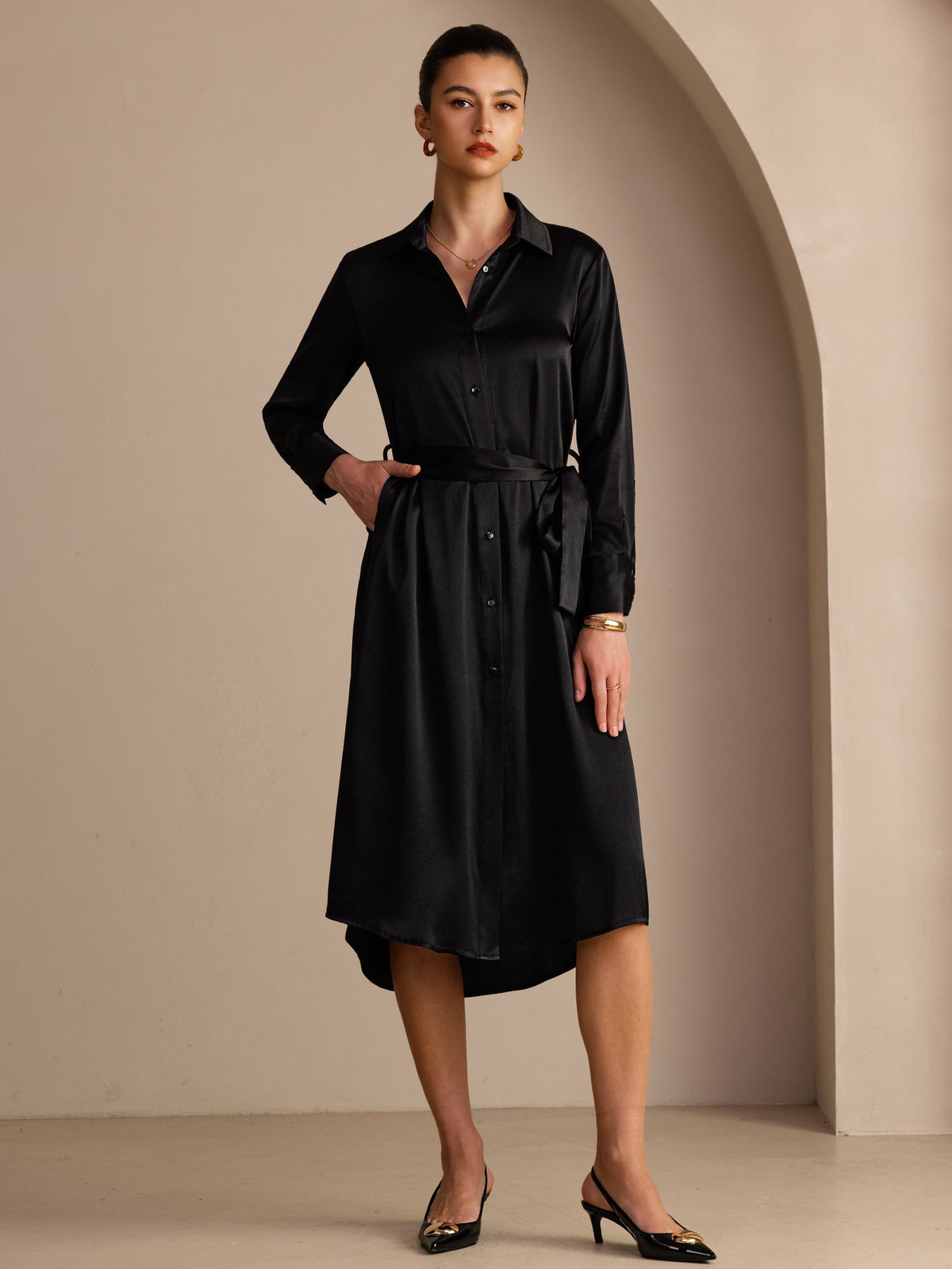 [Svart] SilkSilky-NO Long Sleeve Lapel Collar Kjole 001